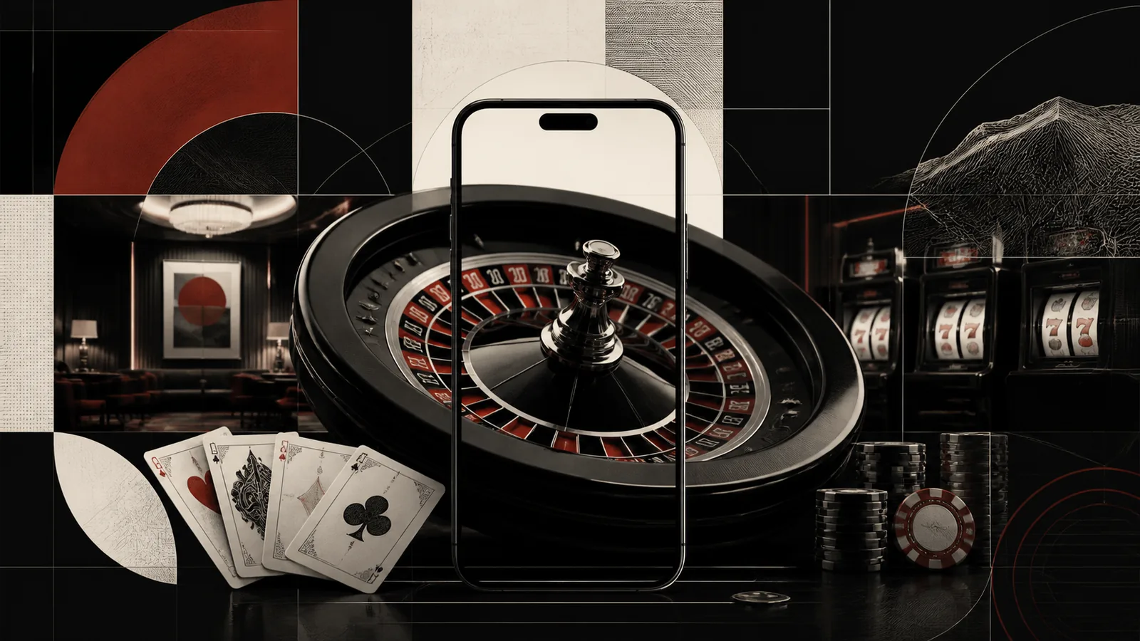 Ambiente editorial de cassino online com roleta, cartas e luzes de jogos