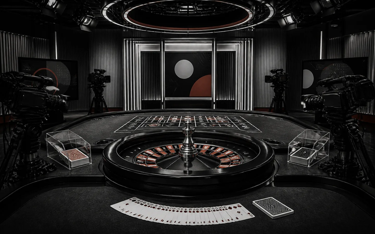 Mesa genérica de cassino ao vivo com roleta, cartas e transmissão digital
